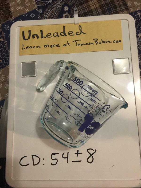 Pyrex Glass 100th Anniversary Measuring Cup (2013): Positive for 54 ppm Cadmium in the Dark Blue Exterior Markings.