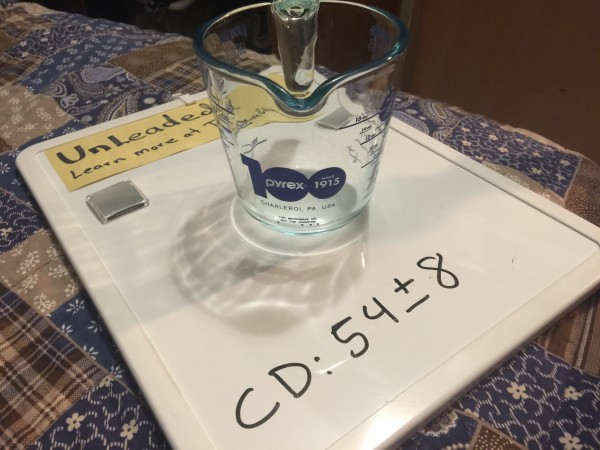 Pyrex Glass 100th Anniversary Measuring Cup (2013): Positive for 54 ppm Cadmium in the Dark Blue Exterior Markings.