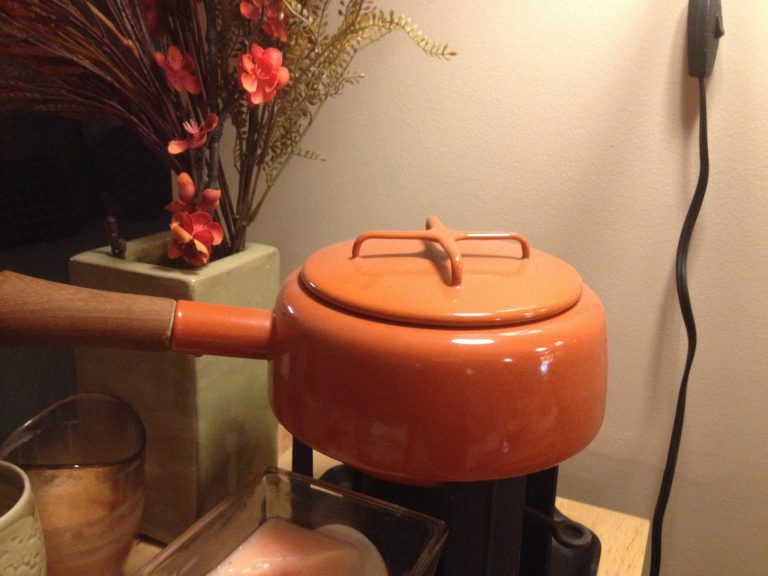 Vintage Metal Fondue Pot with Orange and Cream Colored Enamel: 15,300 ppm Cadmium (a known carcinogen.)