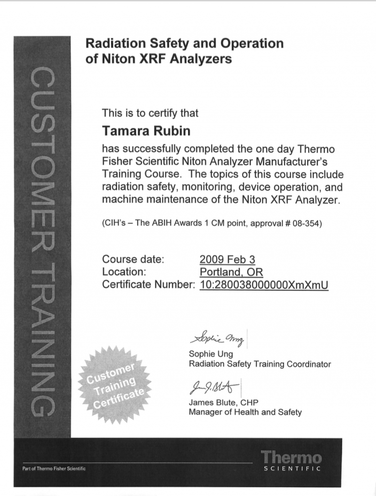 Tamara’s XRF Training Certificate (February 3, 2009)