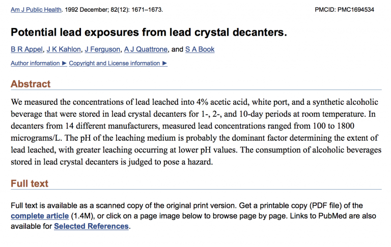 1992 Study: Potential lead exposures from lead crystal decanters.