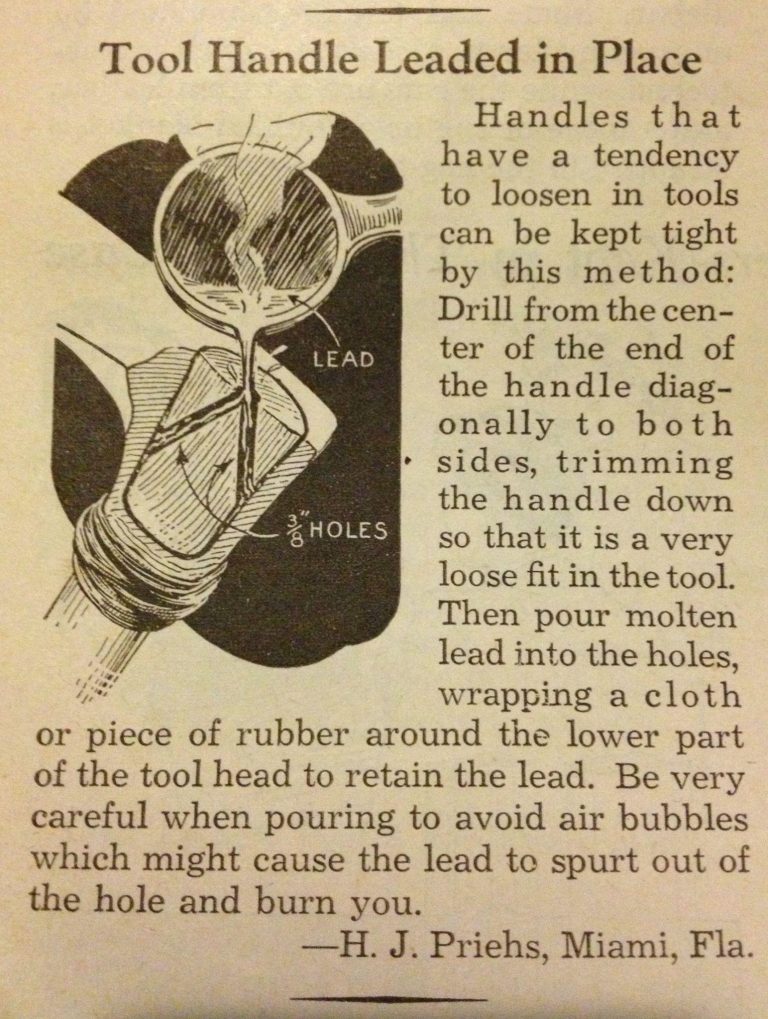 1945: How to use molten lead to make sure your tool handles stay in place!!!!