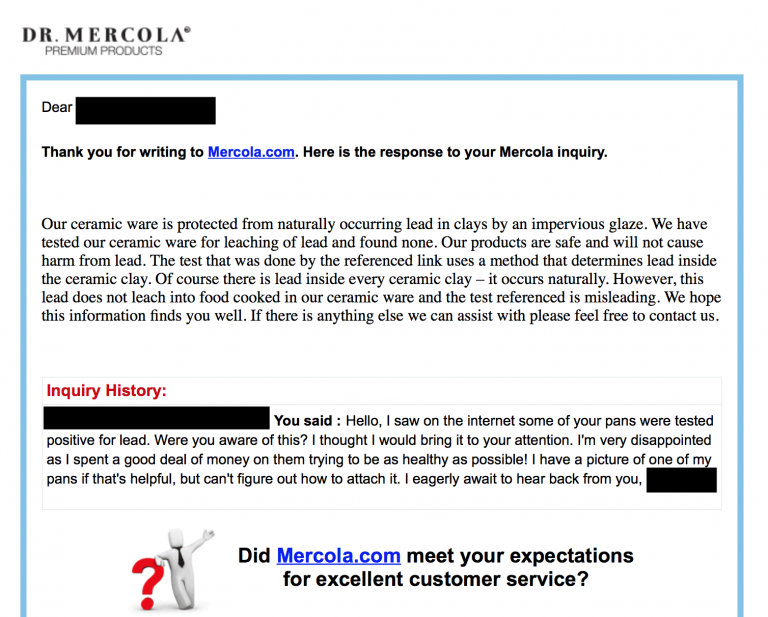 Response  From Dr. Mercola To His Customers, Re: My Work Finding Lead In Ceramcor Pans