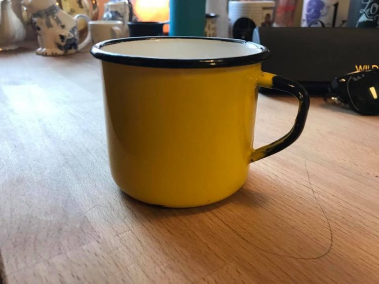 “Made in Poland” Yellow Enamelware Mug: 88 ppm Lead + 21,600 ppm Cadmium [75 ppm Cadmium is illegal in modern items in Denmark.]