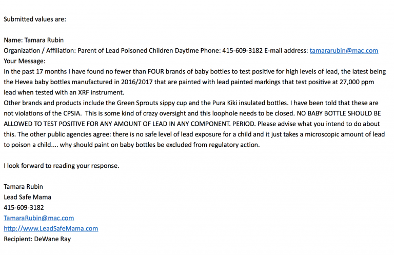 My Initial July 2018 Inquiry To The CPSC Re: Lead In Baby Bottles