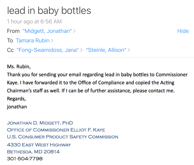 Initial Response From The CPSC, Re: Lead In Baby Bottles  – July 23, 2018