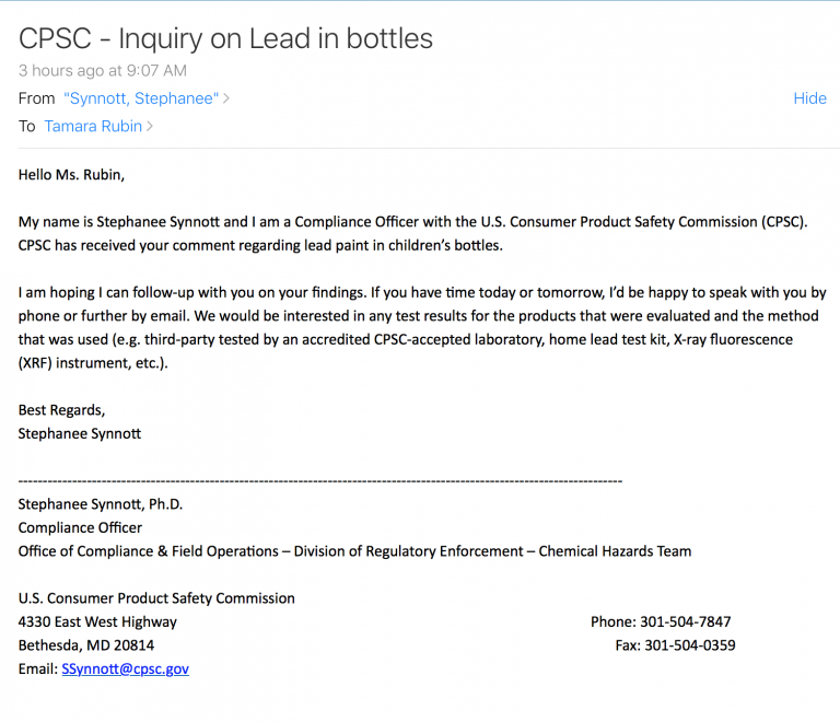 Second Response From The CPSC, Re: Lead In Baby Bottles  – July 23, 2018