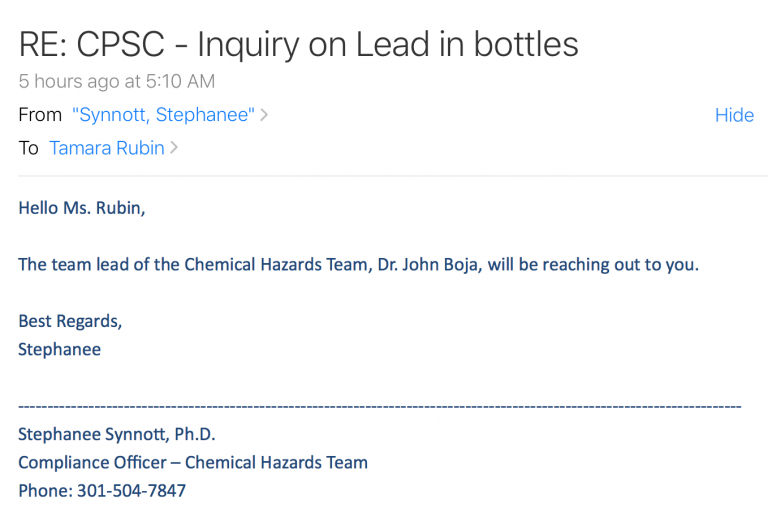 Email From CPSC Today, Lead In Baby Bottles  – July 30, 2018