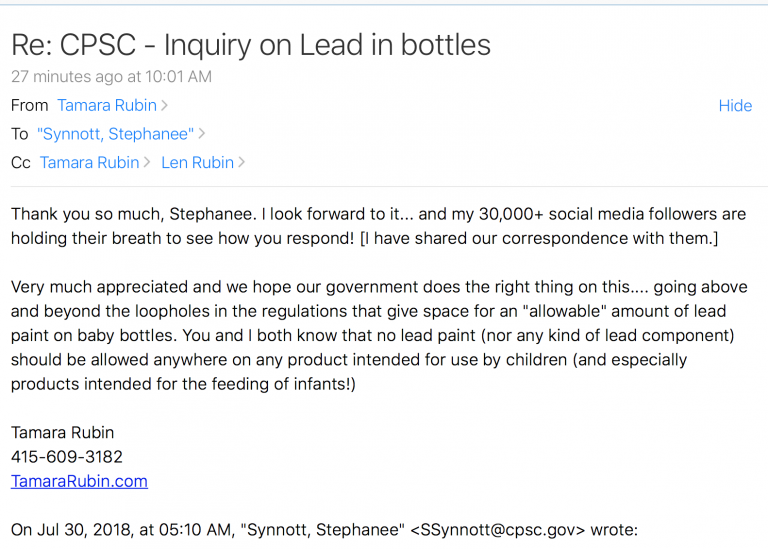 Email To CPSC Today (My Response), Lead In Baby Bottles  – July 30, 2018