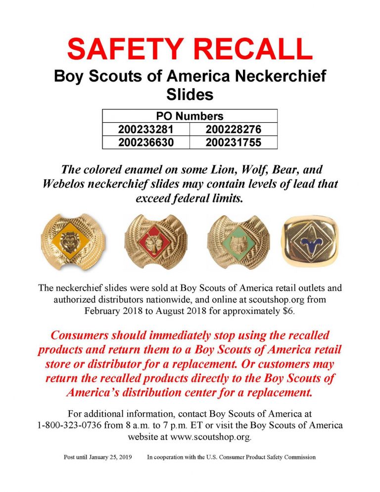 September 2018 Boy Scout Neckerchief Slide Recall, Leaded Enamel