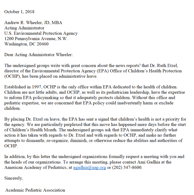 October 1, 2018 letter In protest of the suspension of Dr. Ruth Etzel from the EPA