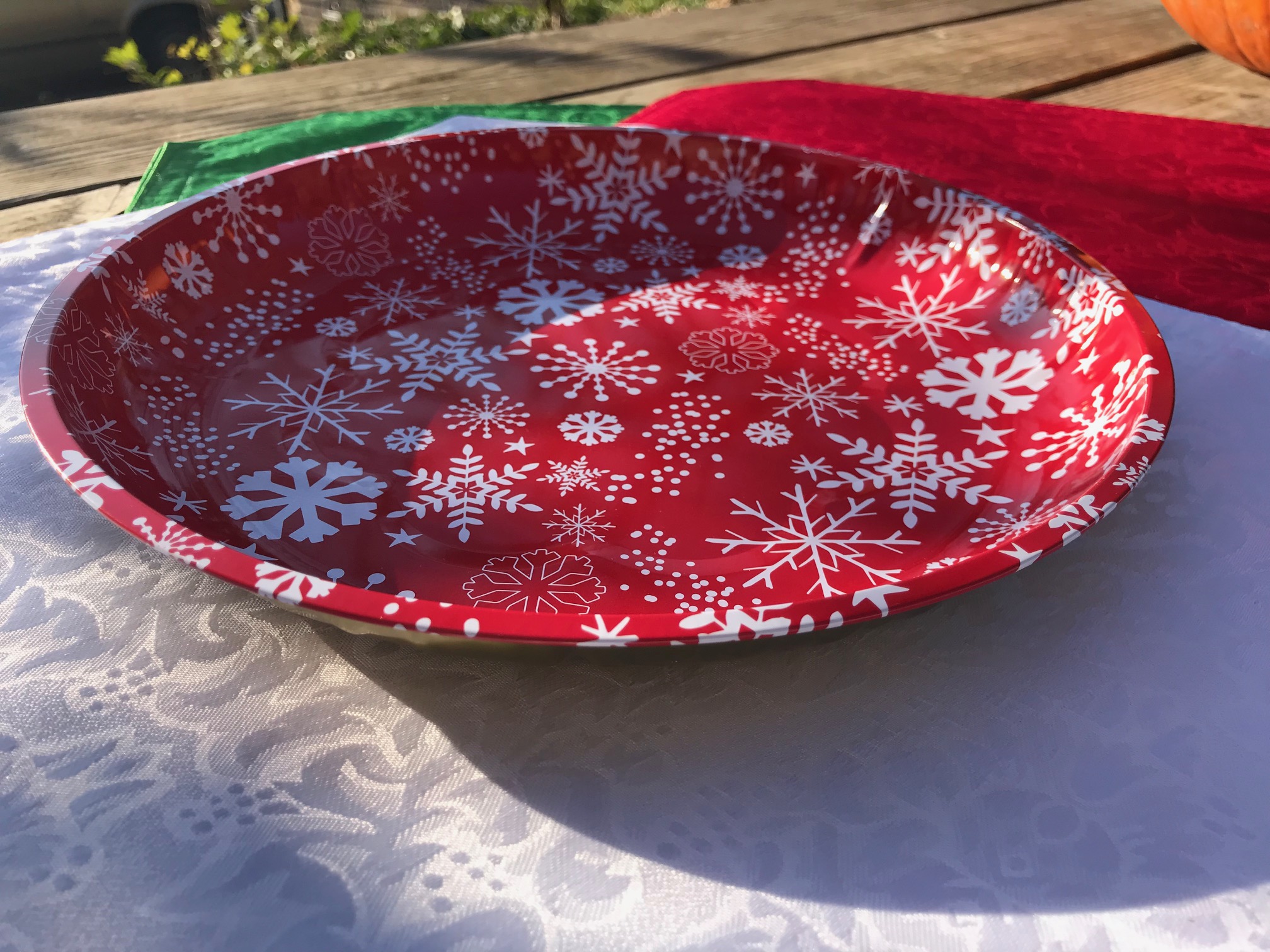 2018 Dollar Store Red & White Snow Flake Metal Tray / Plate: Lead Free!