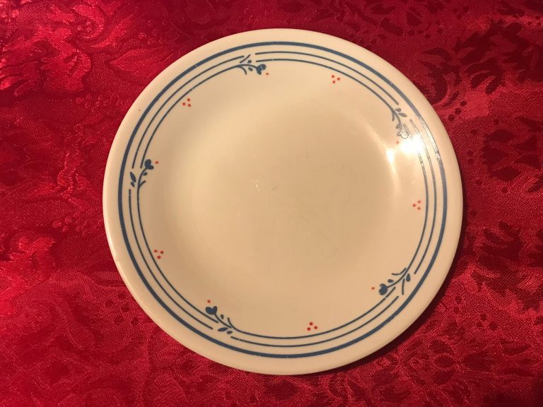 Small Cream Corelle Plate With Blue Floral Border & Red Berries: 7,450 ppm Lead + Cadmium