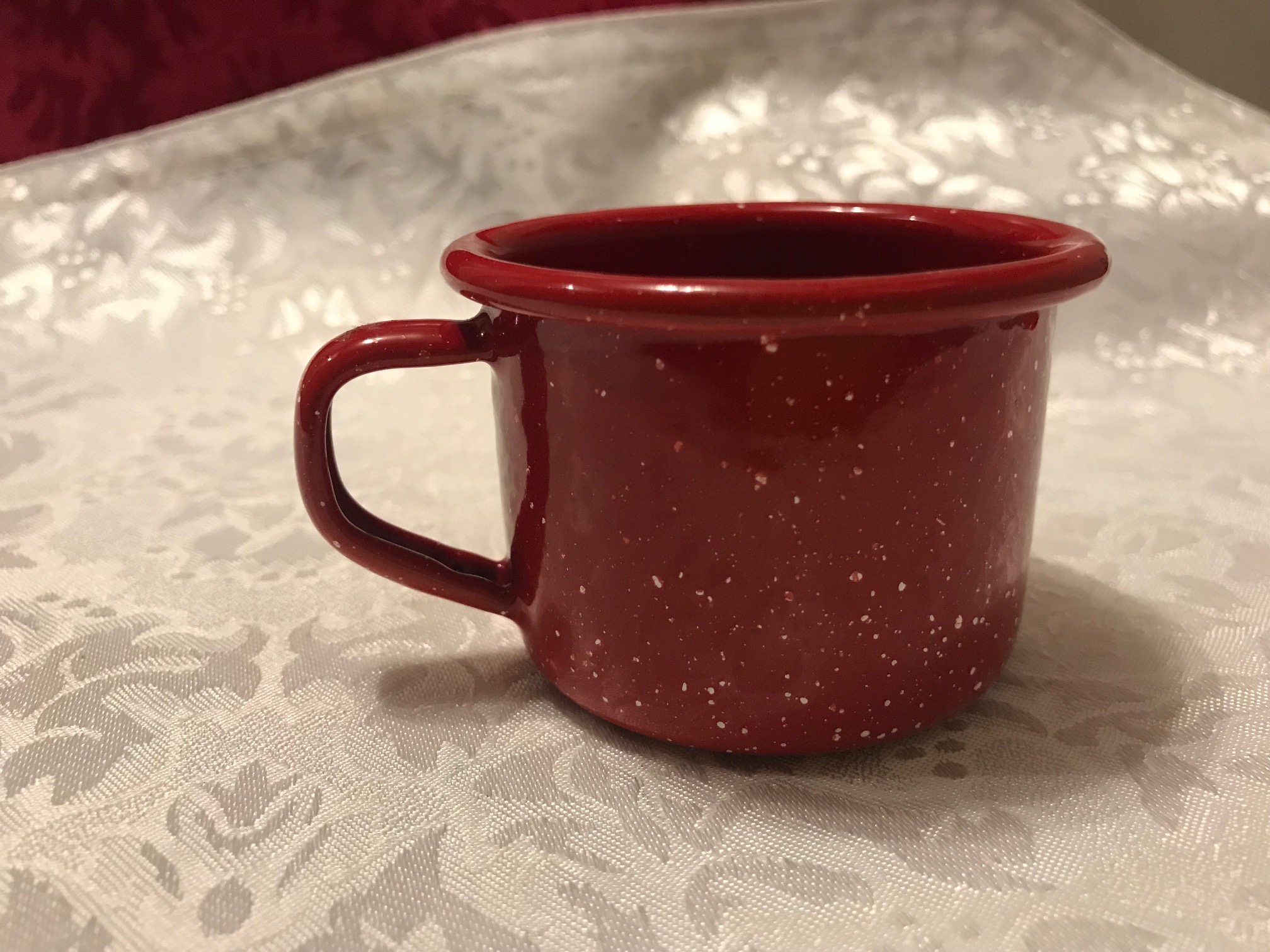 Small Red & White Speckled GSI Outdoors Enamelware "Baby Cup": 16,200 ppm Cadmium!