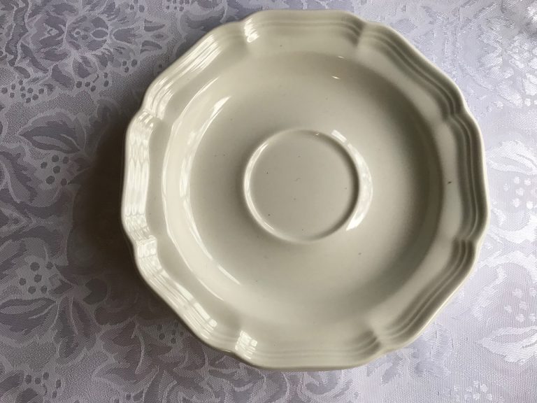 Small White “French Countryside” Mikasa Saucer: 638 ppm Lead on the back logo.