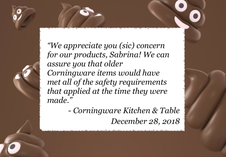 Textbook corporate response from Corning 12/28/18 – to the findings of high levels of Lead in their vintage products.