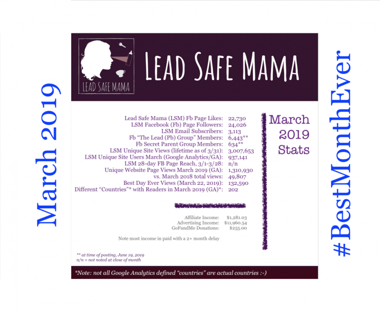 #LeadSafeMama Stats: 1,310,930 page-views by 937,141 readers in 202 “countries” in March of 2019!