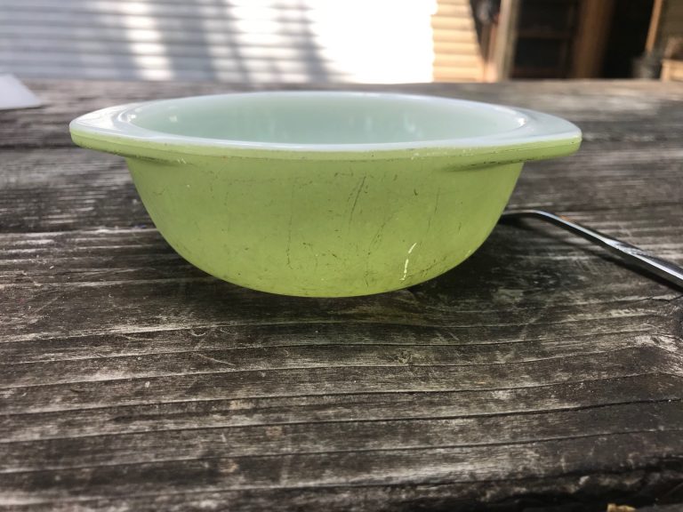 Vintage Light Green Pyrex Small Casserole: 65,200 ppm Lead + 200 ppm Cadmium + 699 ppm Antimony.