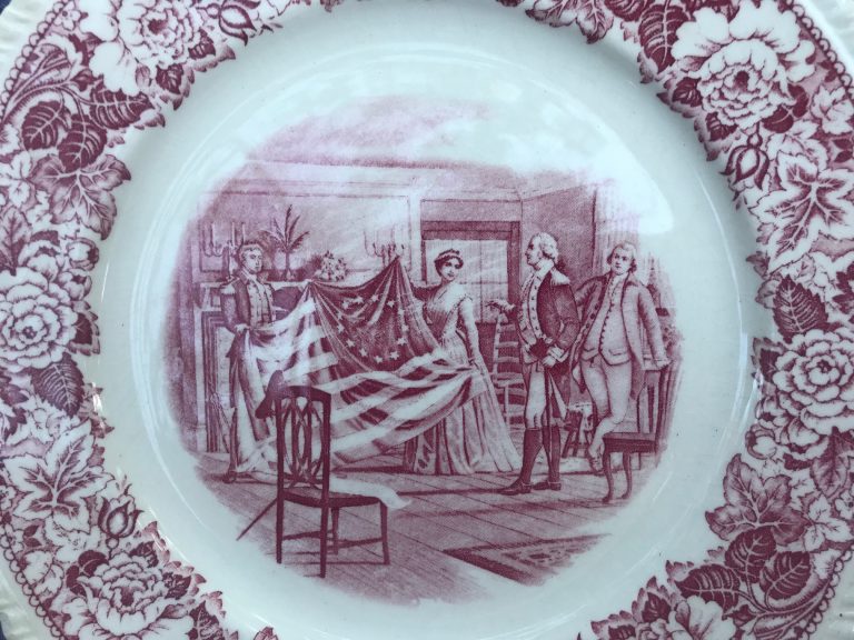 Vintage “Historical America Betsy Ross Showing The First Flag” Dish by Homer Laughlin: 57,200 ppm Lead [90 is unsafe]