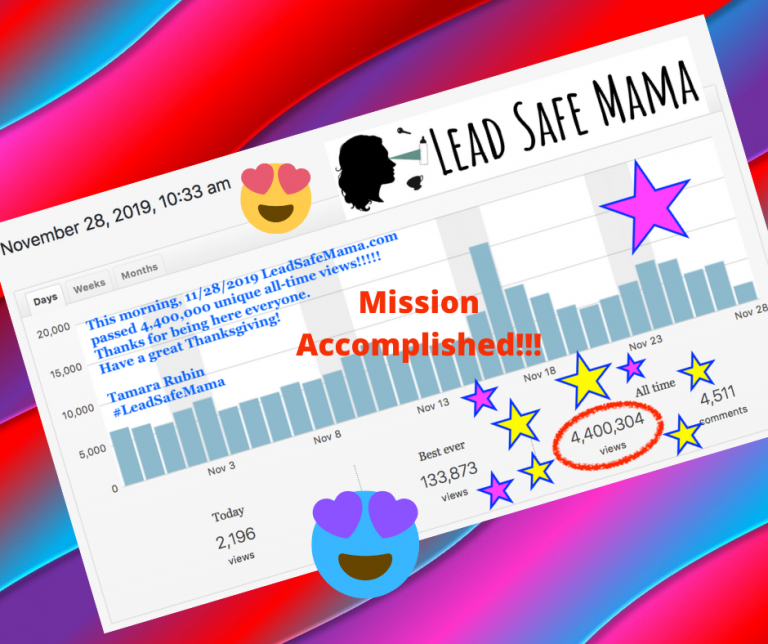 This morning – 11/28/2019 LeadSafeMama.com reached 4,400,000 unique all-time views! Thank YOU!