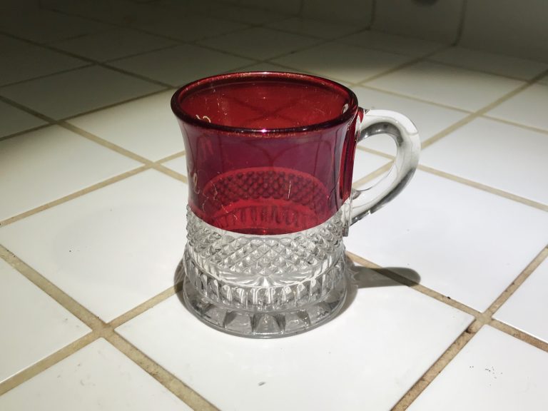 Red & clear vintage/antique pressed glass child’s mug: Lead-free!!! Please make a note of the “press lines”