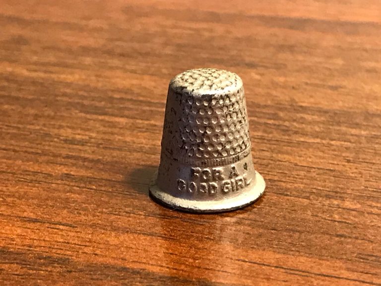 Antique child’s thimble “For A Good Girl”: 839,800 ppm Lead (90 ppm is unsafe for kids) + 139,600 ppm Antimony.