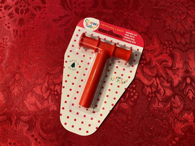 Chewy Tube red silicone chew toy. Sold at Doernbecher Children’s Hospital & made in Maine: non-detect for Cadmium.