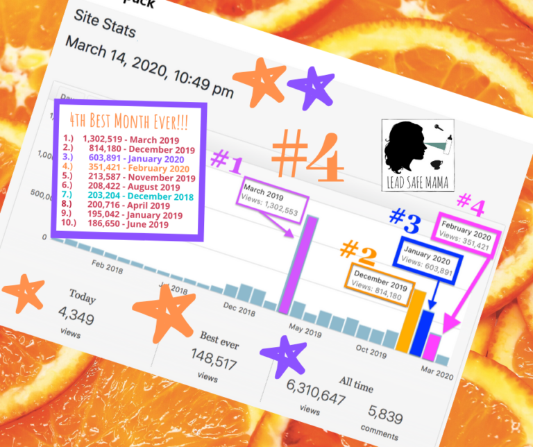 February 2020 closed out the month in 4th place on Lead Safe Mama’s #BestMonthsEver list with 351,421 page views!