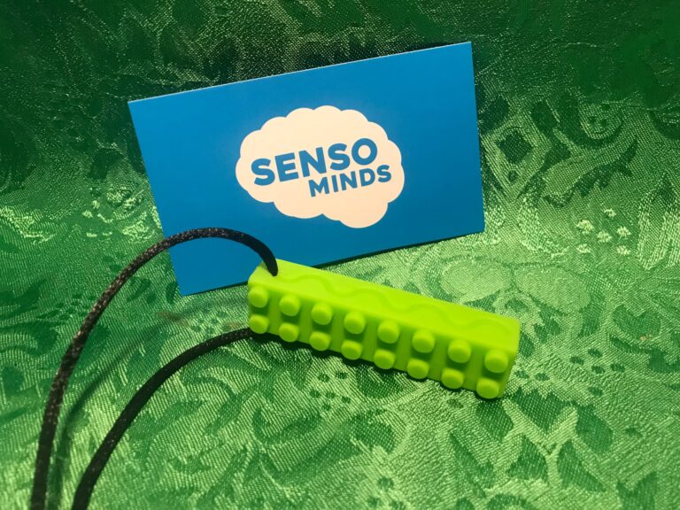 Senso Minds “Non-Toxic” green silicone chew necklace — Lego shape: 12 +/- 3 ppm Cadmium (a known carcinogen)