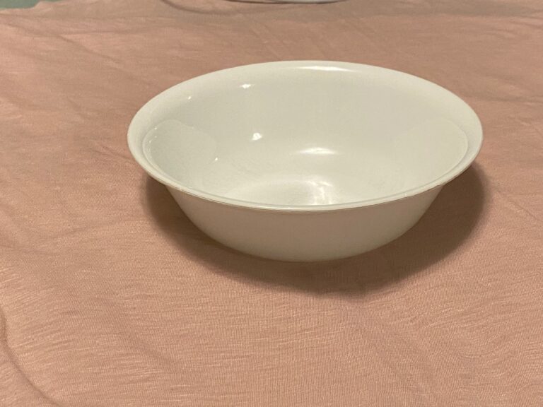 1980s white Corelle bowl: Lead-free, Cadmium-free, Arsenic-free, Mercury-free.