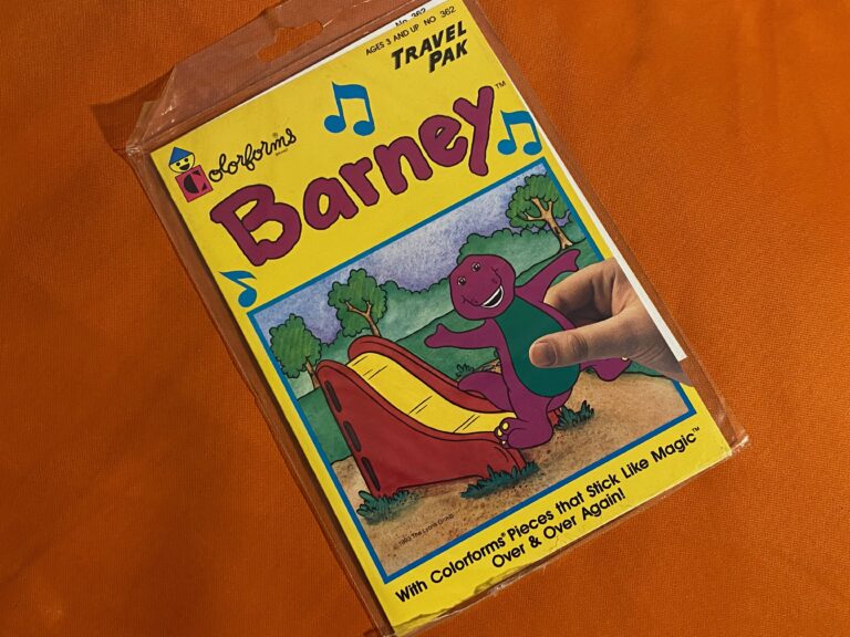 1993 Barney Travel Pak Colorforms set: Lead-free, Arsenic-free, Mercury-free, and 27 ppm Cadmium