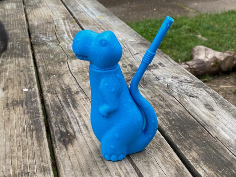 Brite Concepts blue dinosaur straw cup: Lead-free, Arsenic-free, Cadmium-free, Antimony-free.