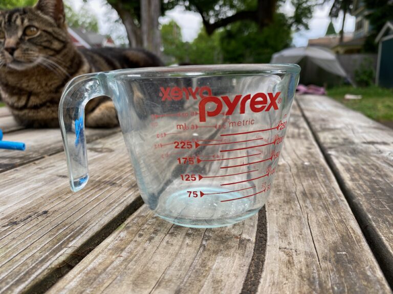 Newer Pyrex measuring cup, Made in USA: 396 ppm Cadmium on red exterior writing