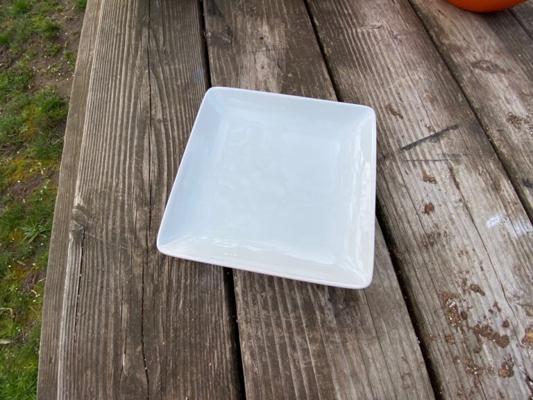 Square Coupe Target Threshold white porcelain appetizer plate: 47 ppm Lead on food surface (safe by all standards)