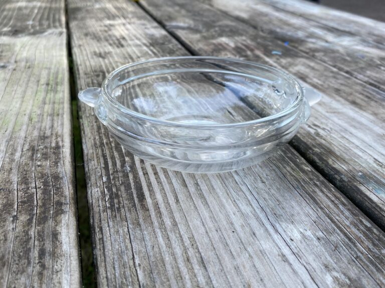 Small clear soup tureen (?) with etched glass bud handles: Lead-free, Cadmium-free, Arsenic-free, Antimony-free