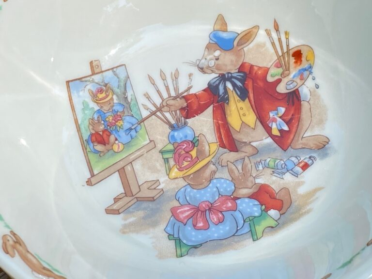 Vintage Royal Doulton Bunnykins dishes are not safe for children to use. This dish tested positive for 80,000 ppm Lead and 1,916 ppm Arsenic (90 ppm Lead and up is unsafe by modern standards).