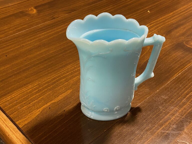 Antique blue milk glass small pitcher with handle: 161 ppm Lead (not a concerning amount in a decorative item likely used as a vase)