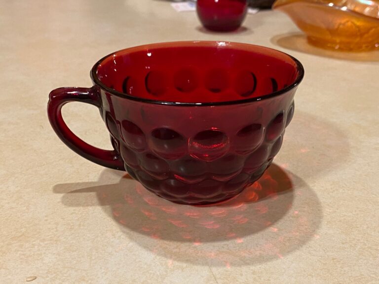 Anchor Hocking royal ruby red pressed bubble glass tea cup: Lead-free, 24 ppm Cadmium (safe by all standards.)