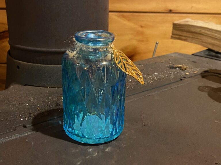 Dollar Store blue “carnival glass” bottle with golden leaf ornament: Negative for Lead, Arsenic, Mercury, & Antimony