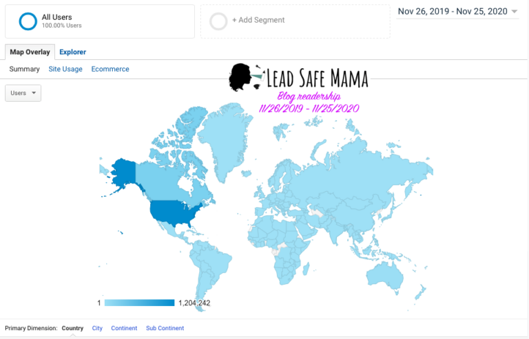 Lead Safe Mama around the world 11/2019 – 11/2020. Click to see all 215 countries with LSM readers this year!