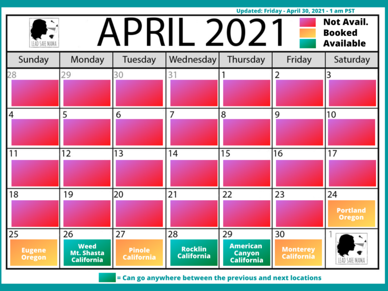 April 2021 Lead Safe Mama Travel Schedule