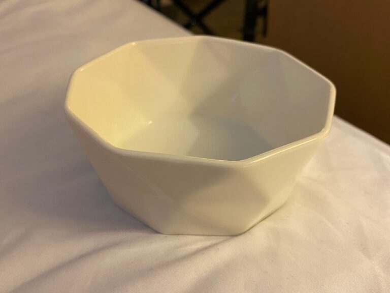 Geometric small white ceramic bowl, no maker’s mark: 36 ppm Lead, safe by all standards.