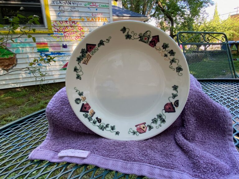 Cream-colored Corelle dish with birdhouses & planters: 303 ppm Cadmium (a known carcinogen) in the painted design