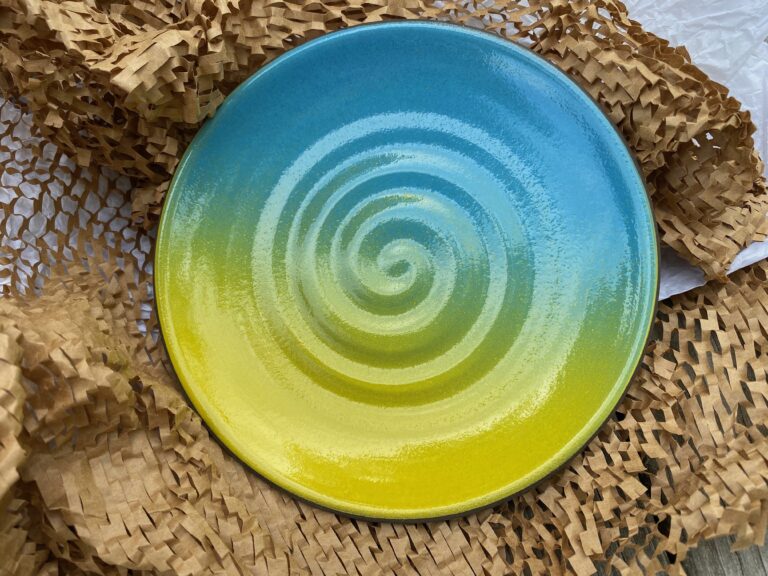 Jono Pandolfi USA Ceramic Dish Green / Blue / Yellow glaze: 804 ppm Cadmium on the food surface.