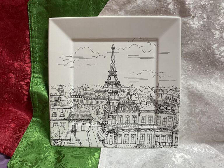 222 Fifth “City Scenes Black & White” Square Dish with Eiffel Tower – Made in Indonesia: 86 ppm Lead on the food surface (safe by all standards) & 8,801 ppm Lead on the back mark.