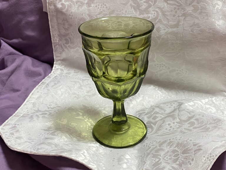 Vintage green glass goblet (with W mark in oval): 371 ppm Lead + 14 ppm Antimony (an exception to the loose “rule” that press lines often mean Lead-free)