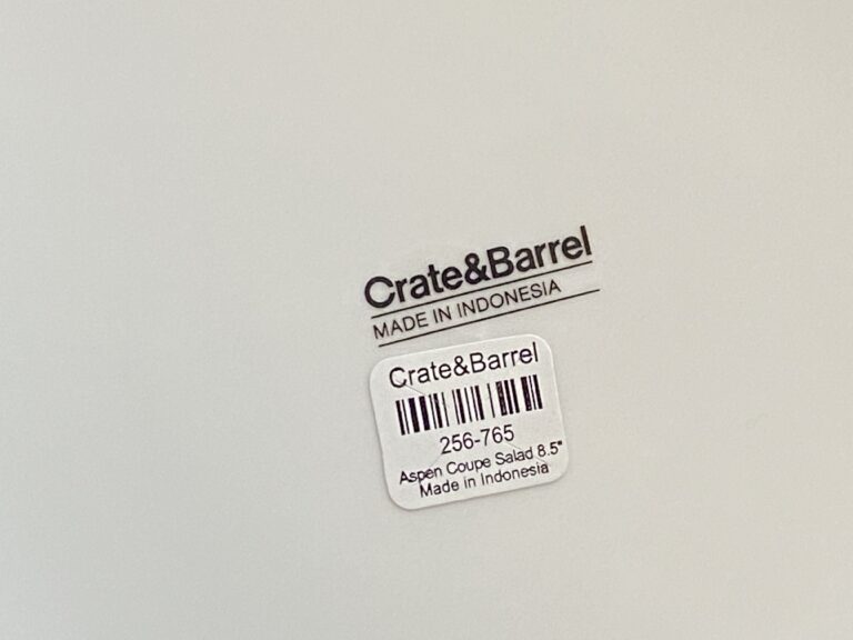 2021 Crate & Barrel Aspen Coupe Salad Plate Made in Indonesia: 3,843 ppm Lead in the black logo mark of the dish.