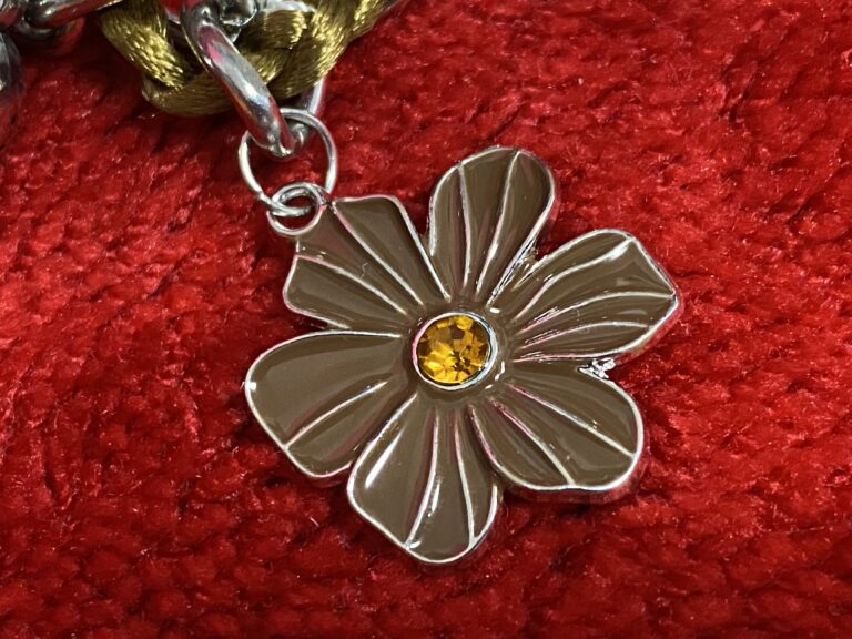 Paparazzi necklace charm – brown enamel flower with orange center “jewel”: Positive for Mercury, Arsenic, Lead and Cadmium.