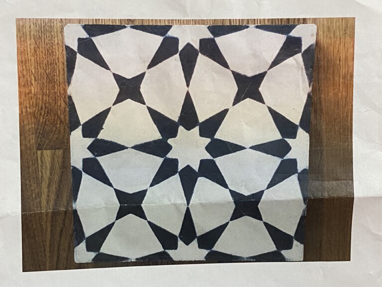 Blue & White 2019 handmade Medina tile sent in by a reader from Canada: Lead-free on the decorative surface.