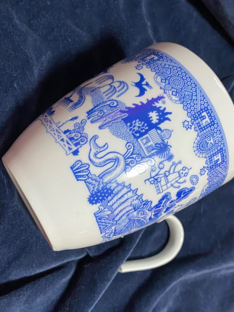 Calamityware (2015) mug: 28 ppm Lead (safe by all standards) + 12,200 ppm Cobalt [a possible human carcinogen, per CDC] in the blue decorations. Click to read more.